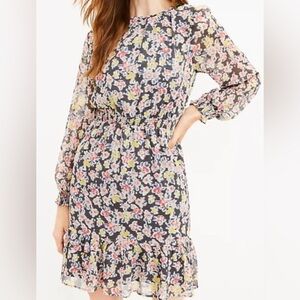 LOFT Shimmer Floral Smocked Flounce Dress (Size L)